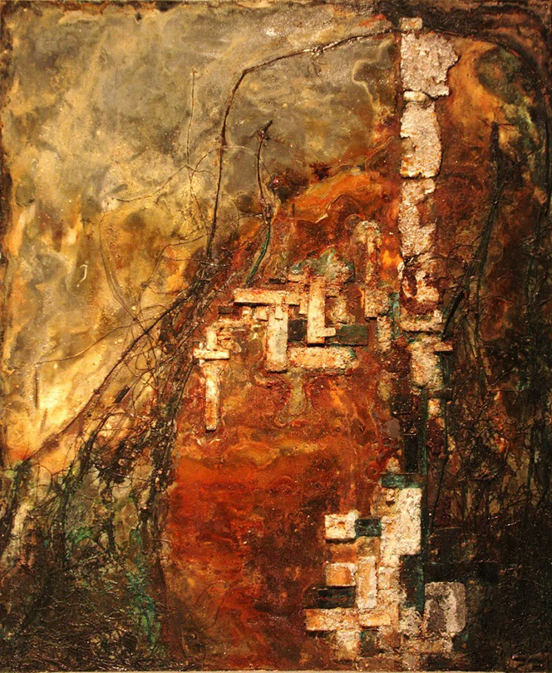 Warm earth-toned female figurin piece dominated by rich oranges and browns with geometric elements and white square accents scattered across a heavily textured, corroded surface