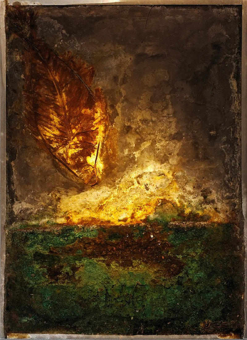 Dark, moody artwork with golden yellow illumination breaking through deep brown and black corroded surfaces, creating a dramatic contrast between light and shadow