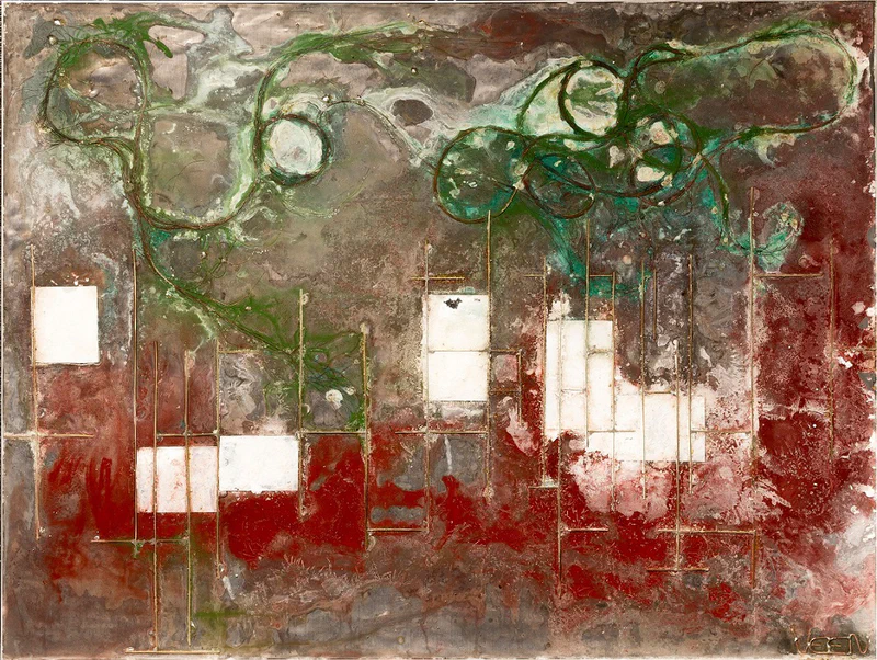 Colorful abstract composition with bright red, green, and white geometric forms against an earthy brown background, suggesting architectural or map-like elements