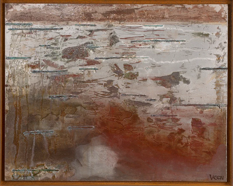 Pale, weathered surface with subtle brown staining and horizontal stratification, evoking the appearance of aged concrete or sedimentary rock layers