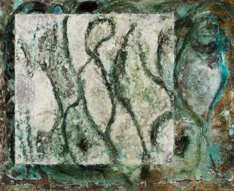 Organic forms in muted greens and browns with flowing, branch-like patterns against a cream-colored background, suggesting natural growth or root systems