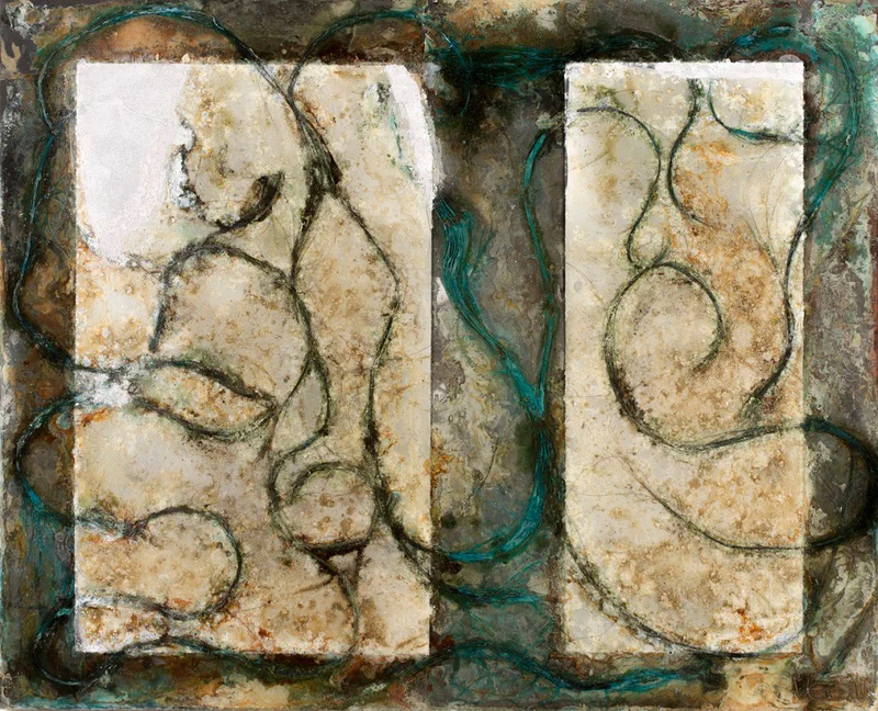 Circular and oval shapes in warm earth tones with turquoise accents, creating a sense of geological formations or cellular structures