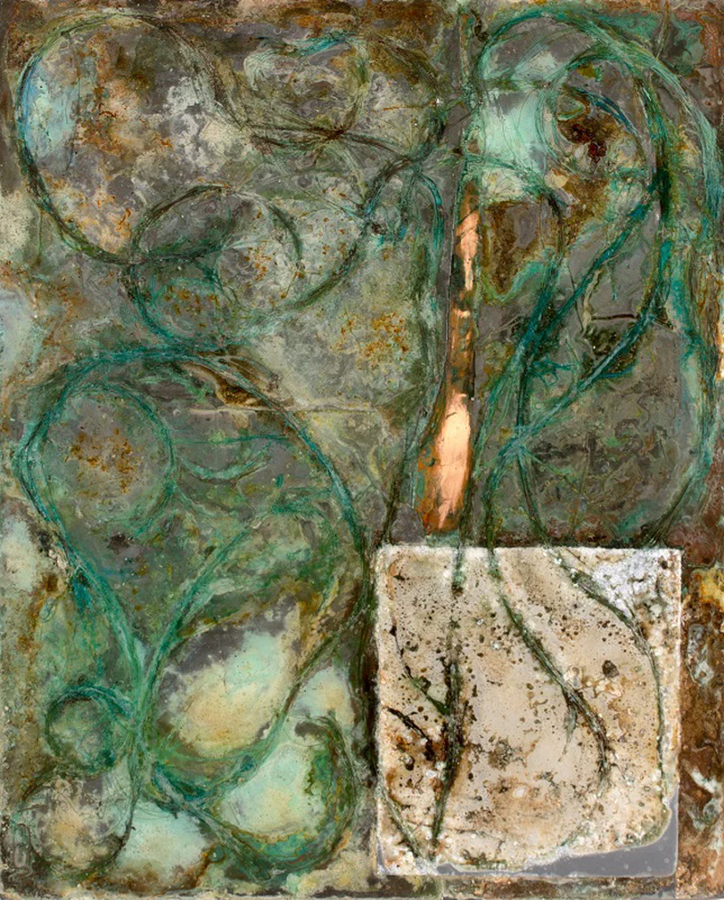 Collage-like composition featuring organic shapes in greens and browns with geometric white elements, blending natural and constructed forms