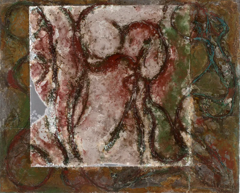 Subdued palette of browns and creams with circular forms and vertical elements, evoking weathered stone or archaeological fragments