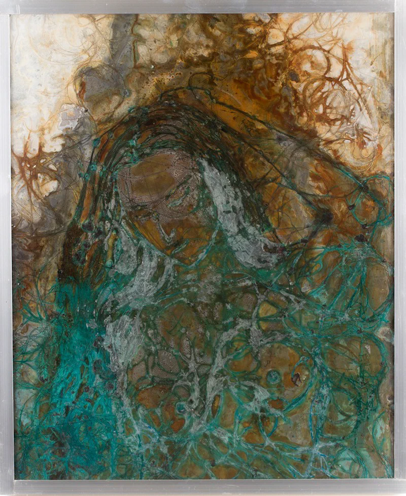 Portrait of a fate godess in a swirling, dynamic composition in blues and greens with golden accents, suggesting flowing water or atmospheric movement with metallic corrosion effects