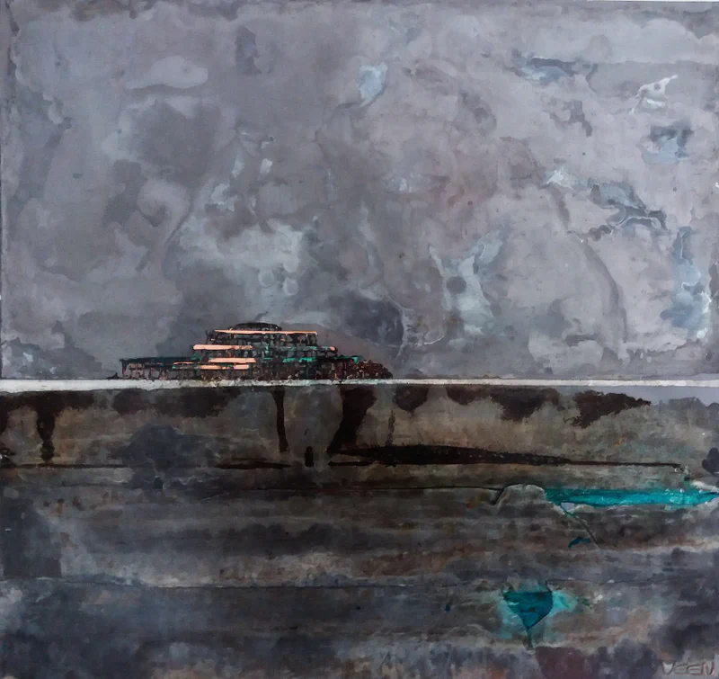Atmospheric seascape with stormy gray skies and a distant structure, featuring turquoise water against a moody, tempestuous background