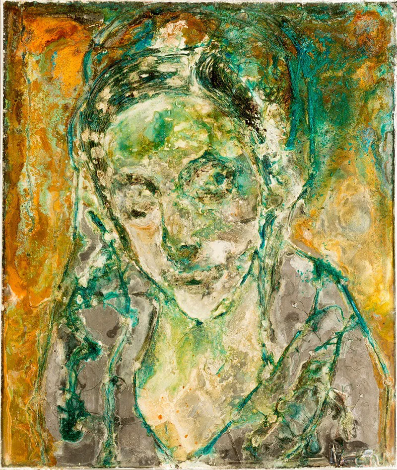 Portrait rendered in corroded metal tones with green and gold patina effects, transforming a classical subject through industrial decay and oxidation