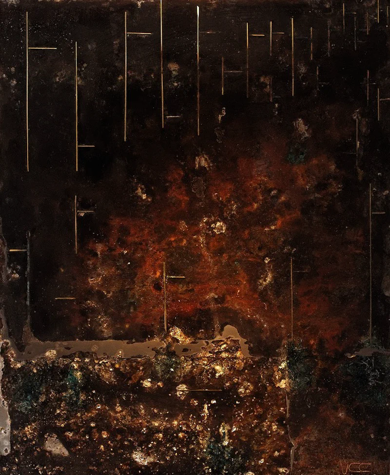 Dark, textured surface with vertical linear elements and warm golden spots, suggesting urban decay and artificial illumination