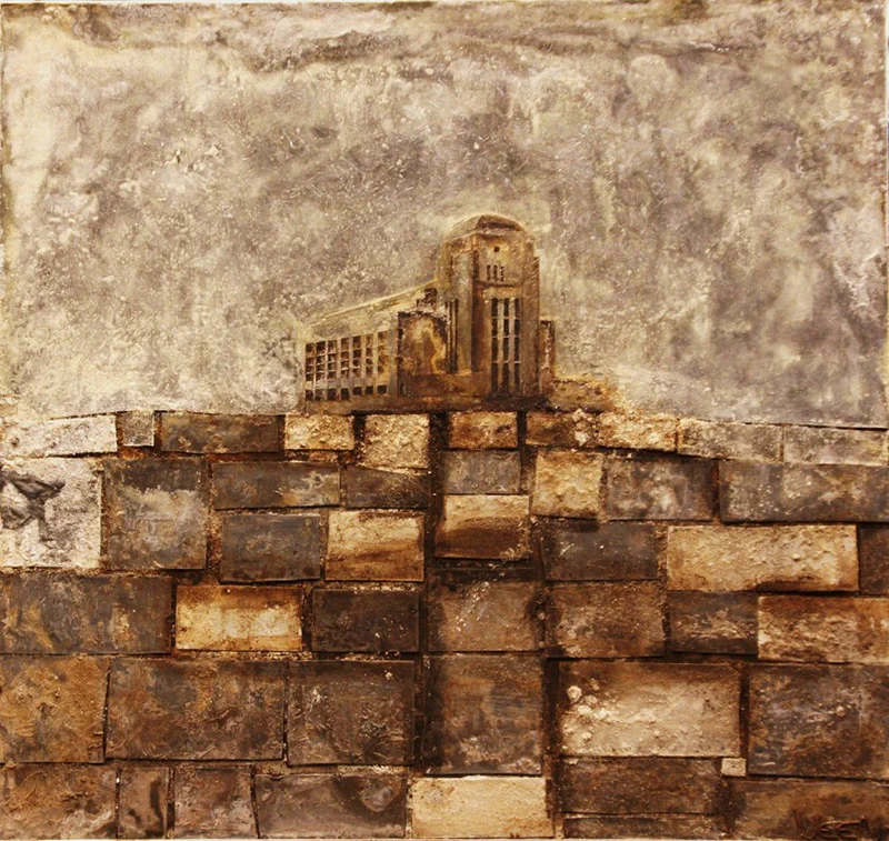 Geometric composition of rectangular forms in earth tones, suggesting architectural elements or building blocks arranged in an abstract pattern