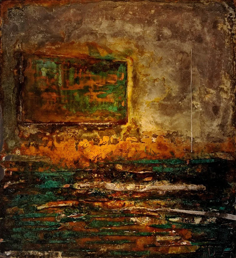 Complex layered composition with geometric elements and varied textures in browns and greens, suggesting architectural decay and renewal