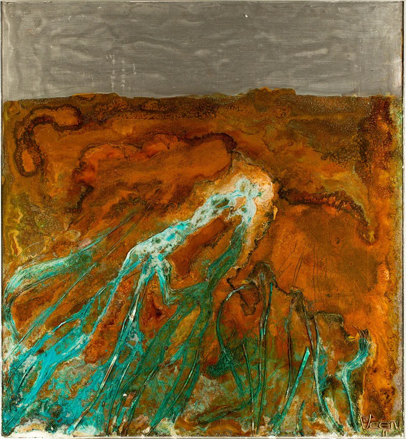Shadow of two kissing people on a beach in a dynamic swirling forms in orange and turquoise, creating a sense of movement and transformation through corrosive processes