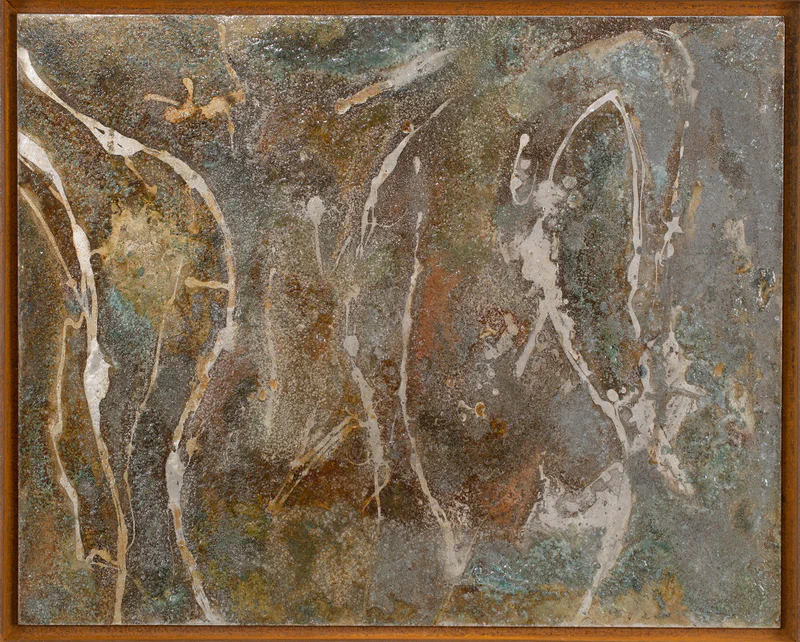 Ethereal composition featuring ghostly female figurine forms emerging from a mottled gray and brown background with subtle blue-green patina effects