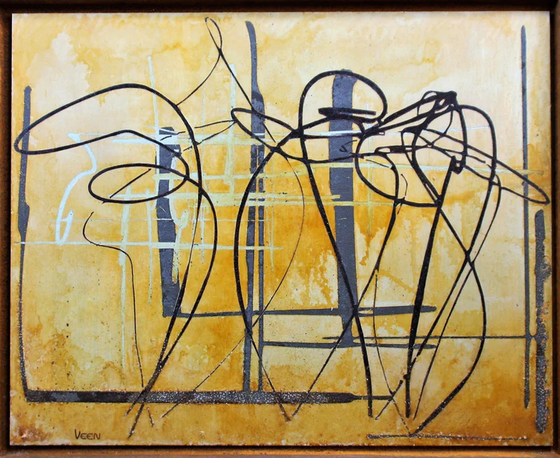 Golden yellow background with dark geometric and organic linear elements creating a complex layered composition, suggesting the intersection of structure and natural processes