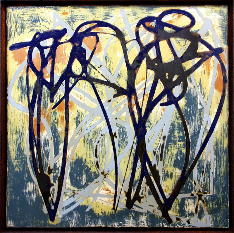 Dynamic composition of bold black linear forms creating tree-like or neural network patterns against a weathered background of yellows and blues, suggesting organic growth disrupted by decay