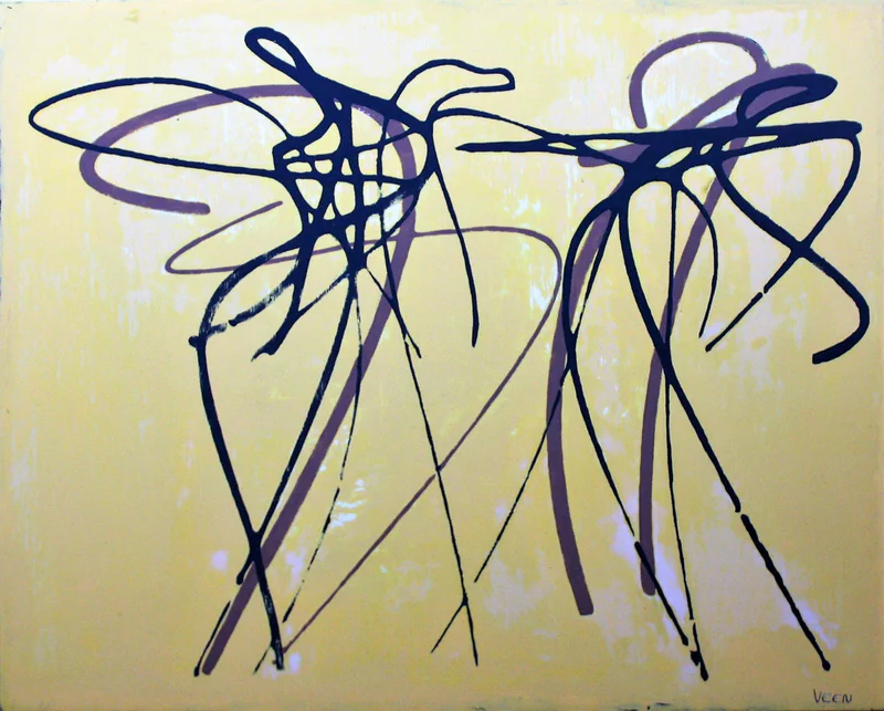 Flowing linear forms in dark blue and black creating continuous looping patterns against a warm yellow-beige background, evoking calligraphic gestures or movement studies