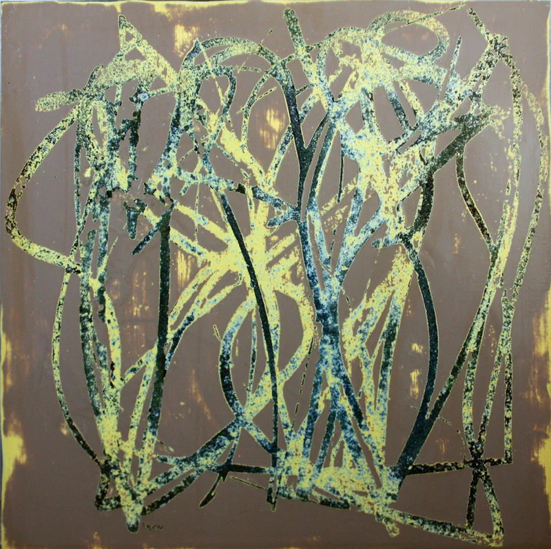 Vibrant green and yellow organic forms with dotted textures against a brown background, creating plant-like or cellular structures that appear to be growing and dissolving simultaneously