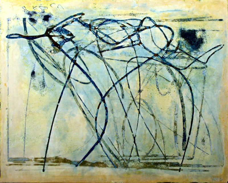 Delicate linear drawings in black on a pale yellow-green background, creating flowing, interconnected forms that suggest fragile networks or nervous systems