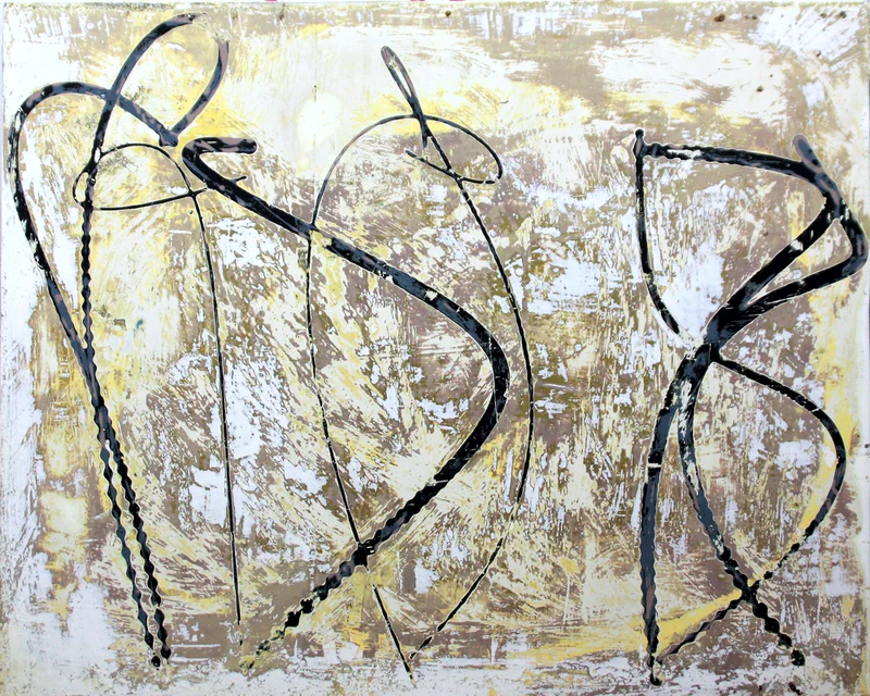 Loose, gestural black lines forming organic shapes against a weathered gray background, suggesting forms in motion or dissolution