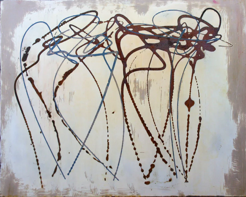 Minimal linear forms in brown and black creating delicate, branch-like structures against a pale background, suggesting fragility and dispersion