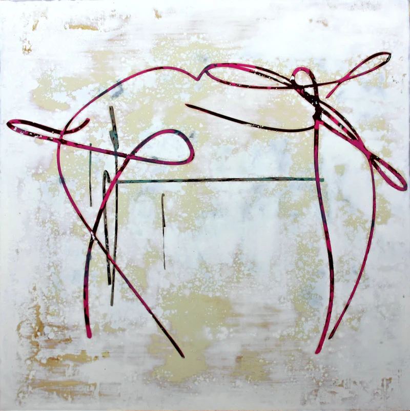 Elegant flowing lines in burgundy and black creating curved, ribbon-like forms against a pale textured background, evoking movement and grace