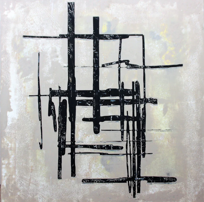 Geometric grid structure in black paint on a pale gray background, resembling architectural scaffolding or technical drawings partially dissolved by corrosive processes