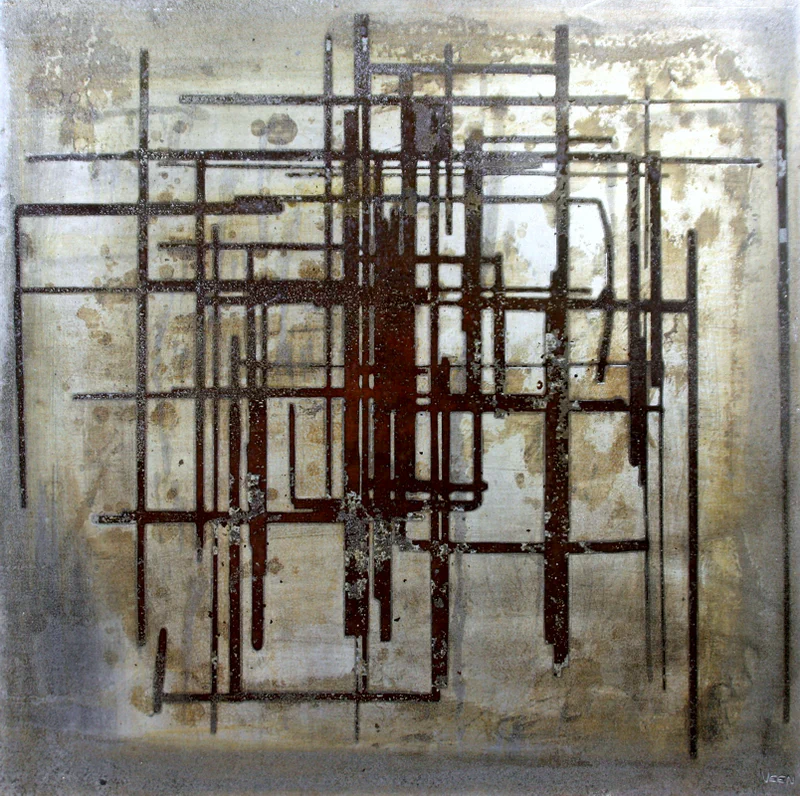 Complex geometric grid system with intersecting horizontal and vertical lines on a weathered concrete-like surface, suggesting structural frameworks in various states of completion and decay