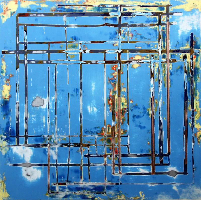 Bright blue background with geometric black line structures creating window-like or architectural forms, with areas of corrosion and weathering breaking through the vibrant color
