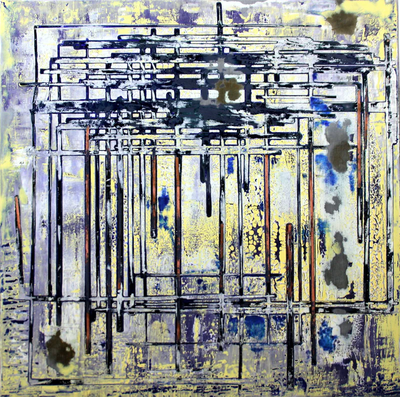 Dense, complex geometric structure with vertical and horizontal elements creating a cage-like or architectural framework against a textured, weathered surface