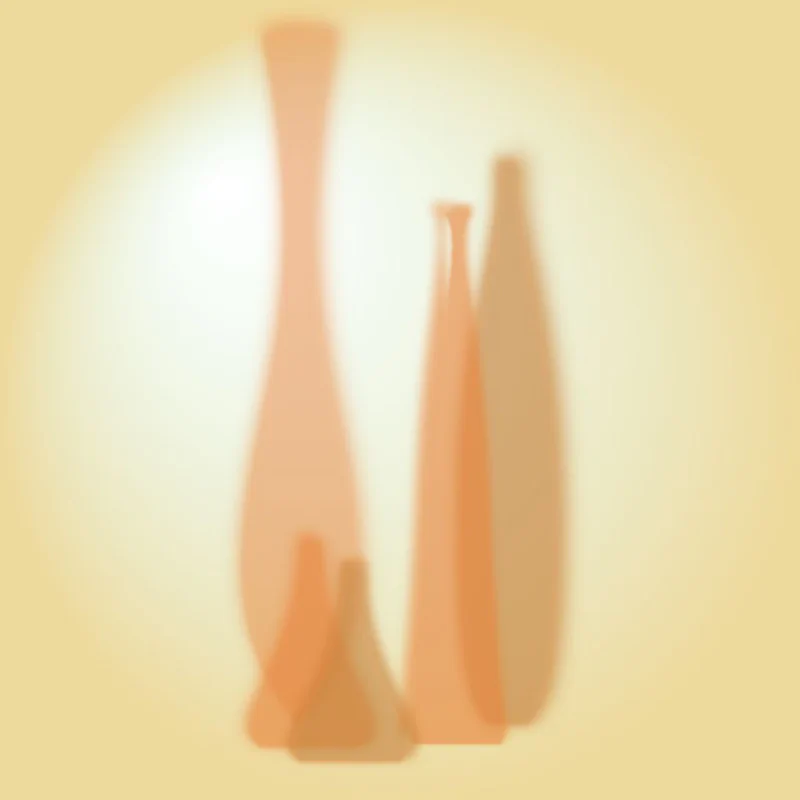 Luminous orange and peach-colored vertical vase forms against a golden yellow background, resembling candle flames or warm light projections with a glowing, ethereal quality