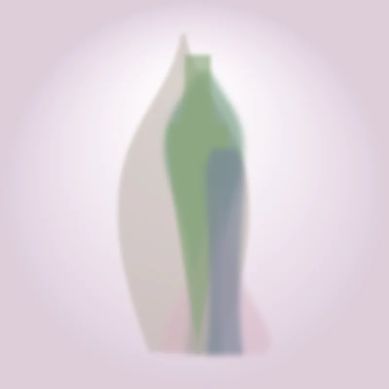 Vertical green vase form with blue shadows against a pale lavender background, suggesting a botanical shadow or the silhouette of a single leaf or stem