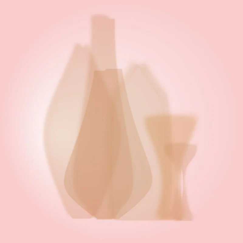 Warm pink and brown tones forming soft, organic vase shapes against a rose-colored background, creating an intimate, nurturing atmosphere with gentle gradations