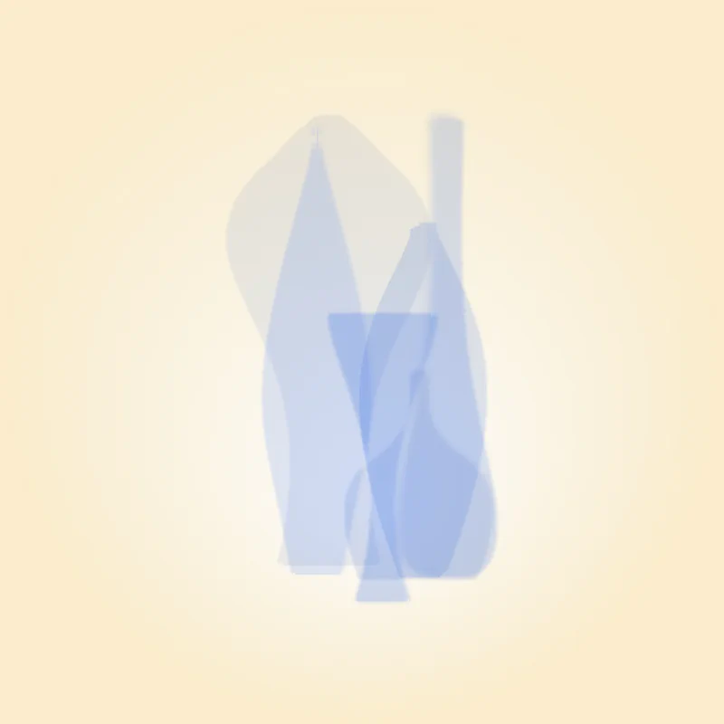 Cool blue vase forms arranged vertically against a cream background, resembling water droplets or crystalline structures rendered as soft, translucent shadows