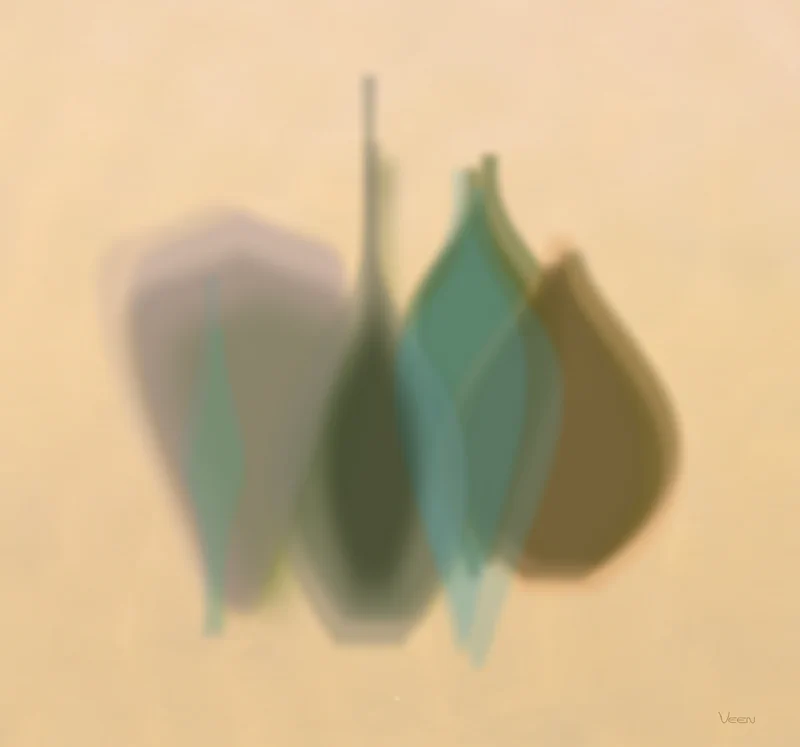 Abstract composition of soft, blurred vase forms in teal, gray, and brown tones against a warm beige background, creating the impression of translucent shapes overlapping and dissolving into each other