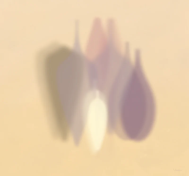 Ethereal arrangement of diffused vase forms in purple, white, and gray, appearing as ghostly shadows or light projections against a neutral background, suggesting movement and transparency