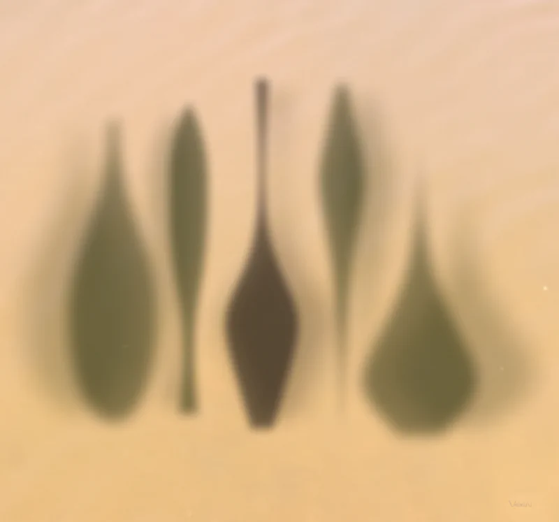 Collection of dark green and brown elongated vase shapes arranged vertically against a warm beige background, resembling botanical shadows or silhouettes of leaves and stems