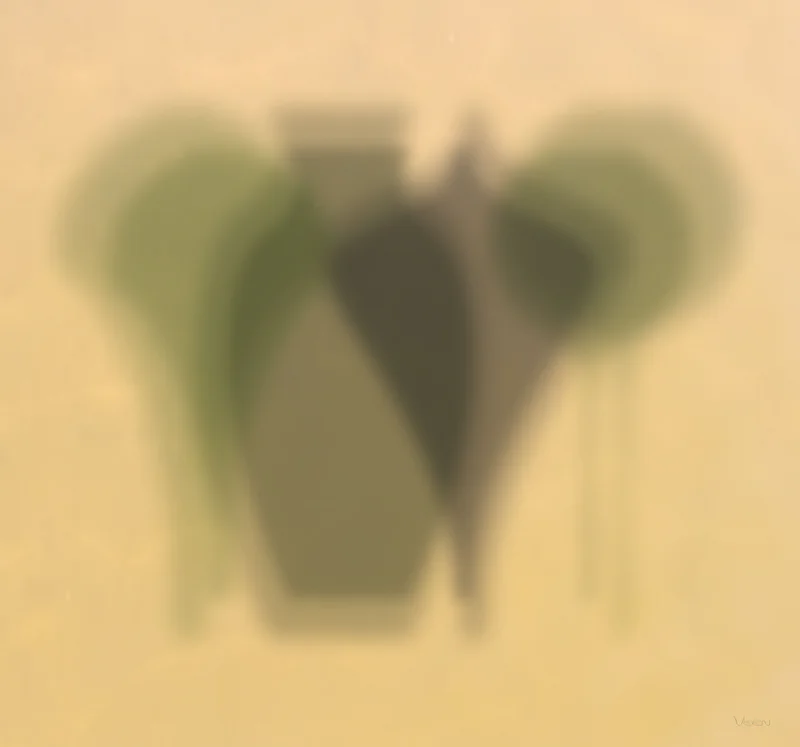 Soft, heart-shaped vase forms in muted green tones against a warm yellow background, creating gentle, organic shadows that suggest intimacy and tenderness