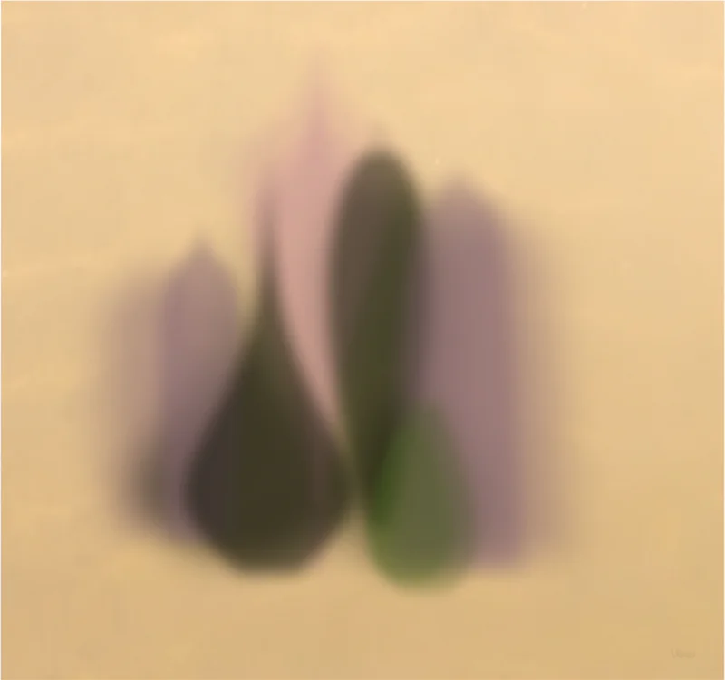 Vertical composition featuring dark green and purple vase forms with pink accents against a warm background, suggesting shadows of flowers or organic structures in soft focus